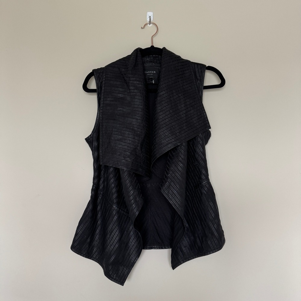 Tanner New York Black Genuine Leather Ribbed Draped Peplum Vest Small